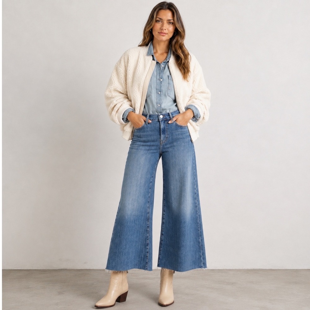 FRAME Le Palazzo Crop Wide Leg Boho Women Blue Raw Hem Jeans 24